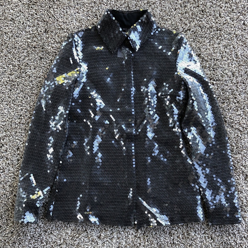 $1990 Akris Liquid Sequins Blouse‎ Size 2 Gray Sheer Button Covered Shirt F/2023